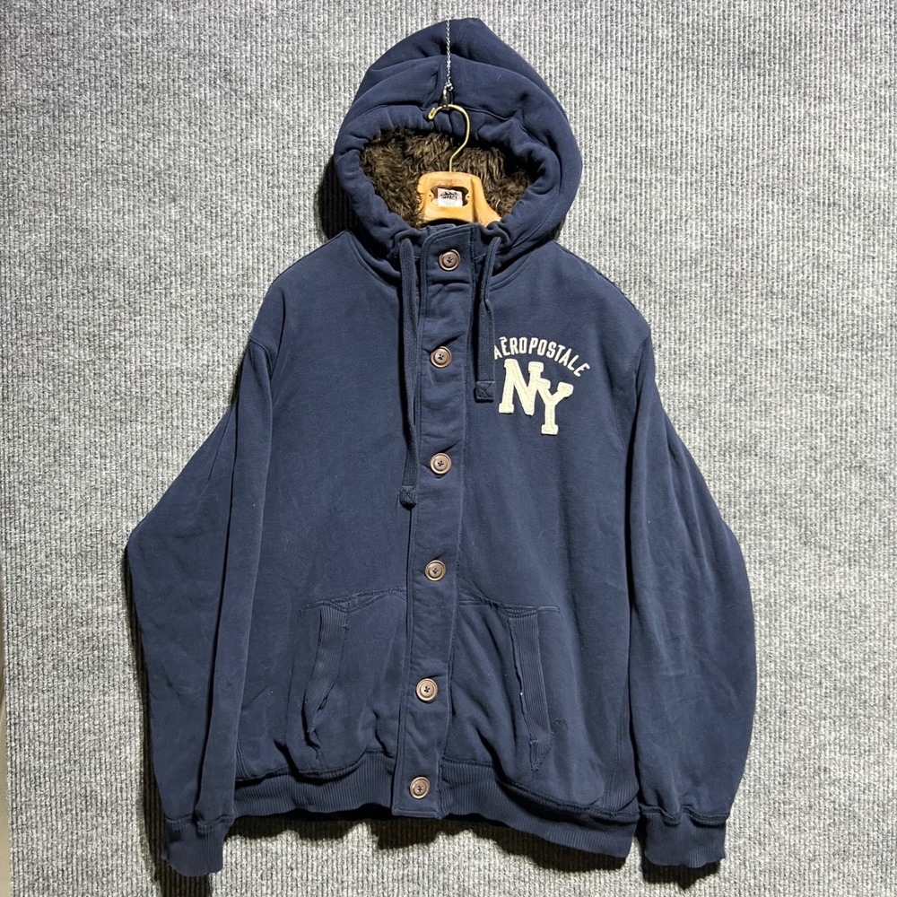 Vintage Aeropostale Faux Fur Lined Hoodie Men XXL Navy Blue‎ NY Heavyweight Y2K